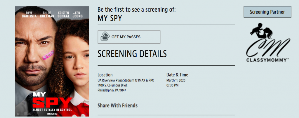 Free MY SPY Advanced Screening Movie Tickets
