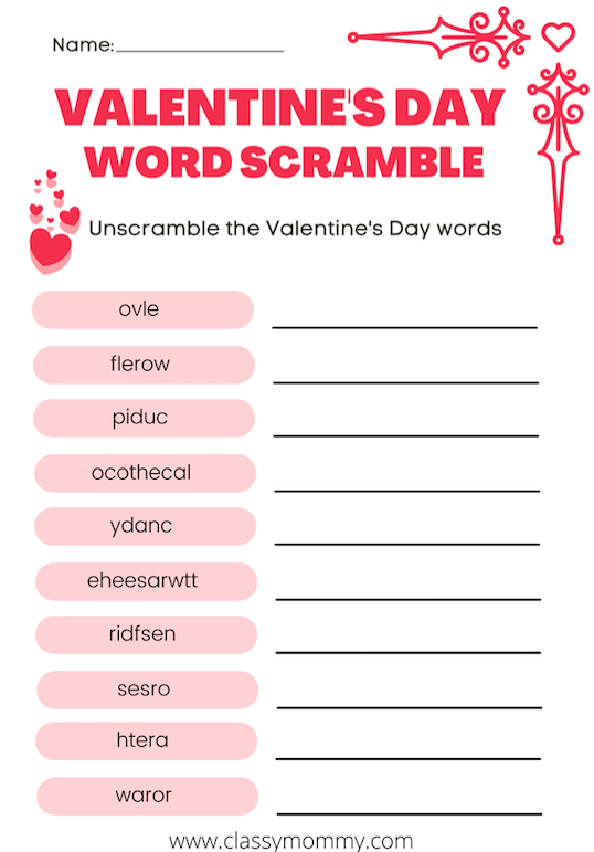 Free Printable Valentine's Day Word Scramble