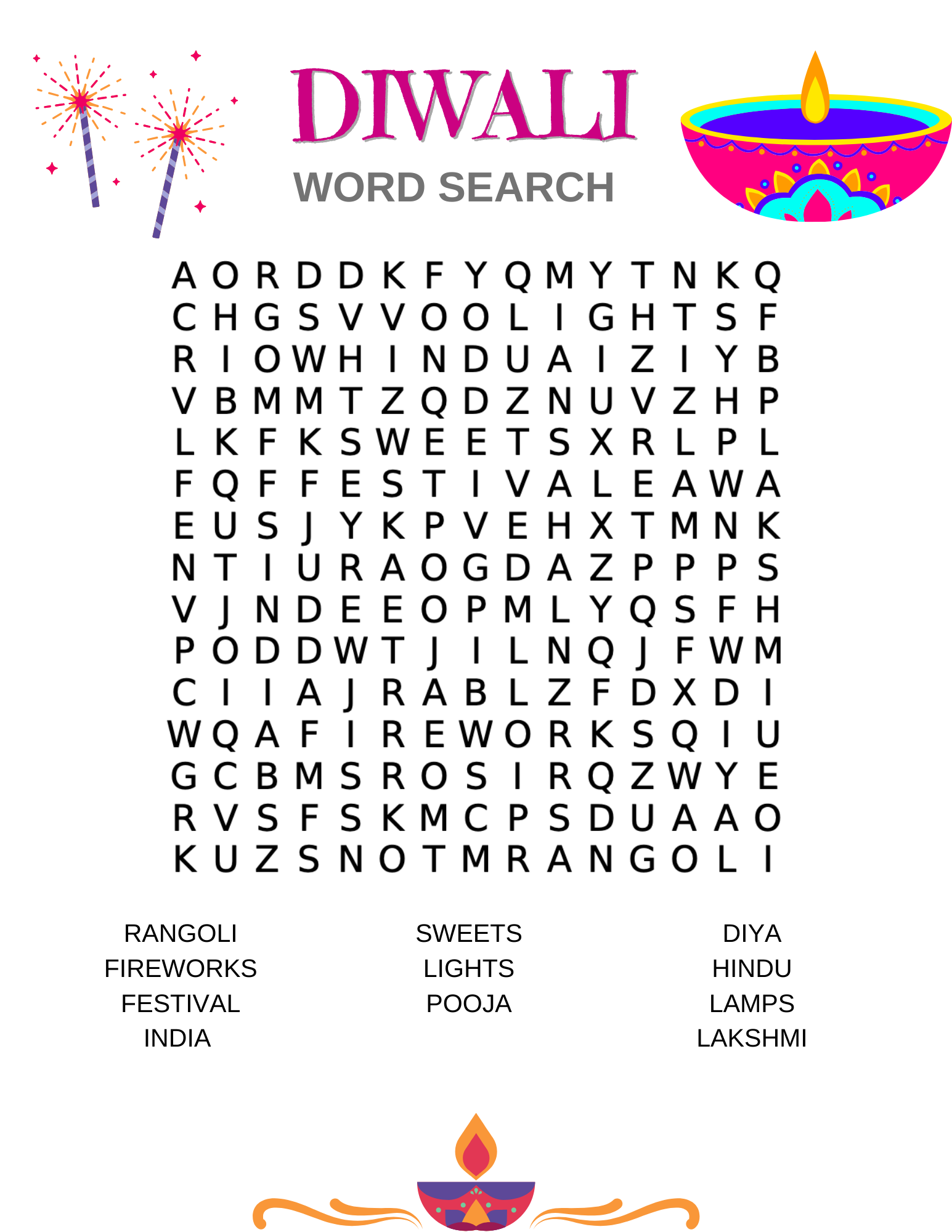 Free Printable Diwali Word Search