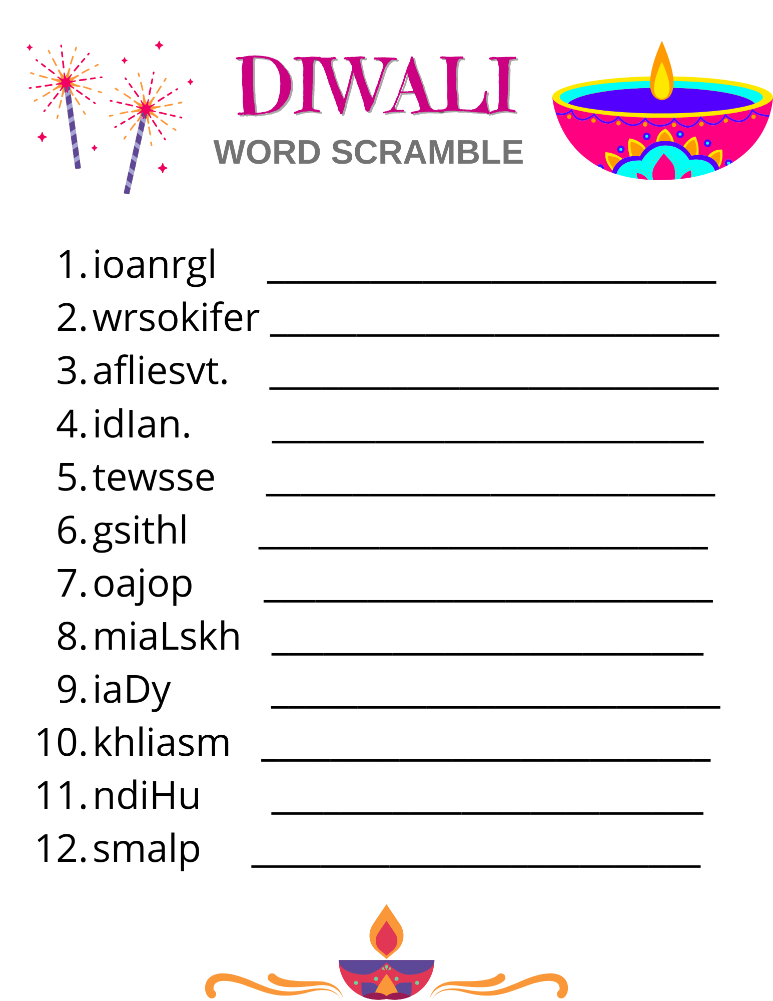 Free Printable Diwali Word Scramble
