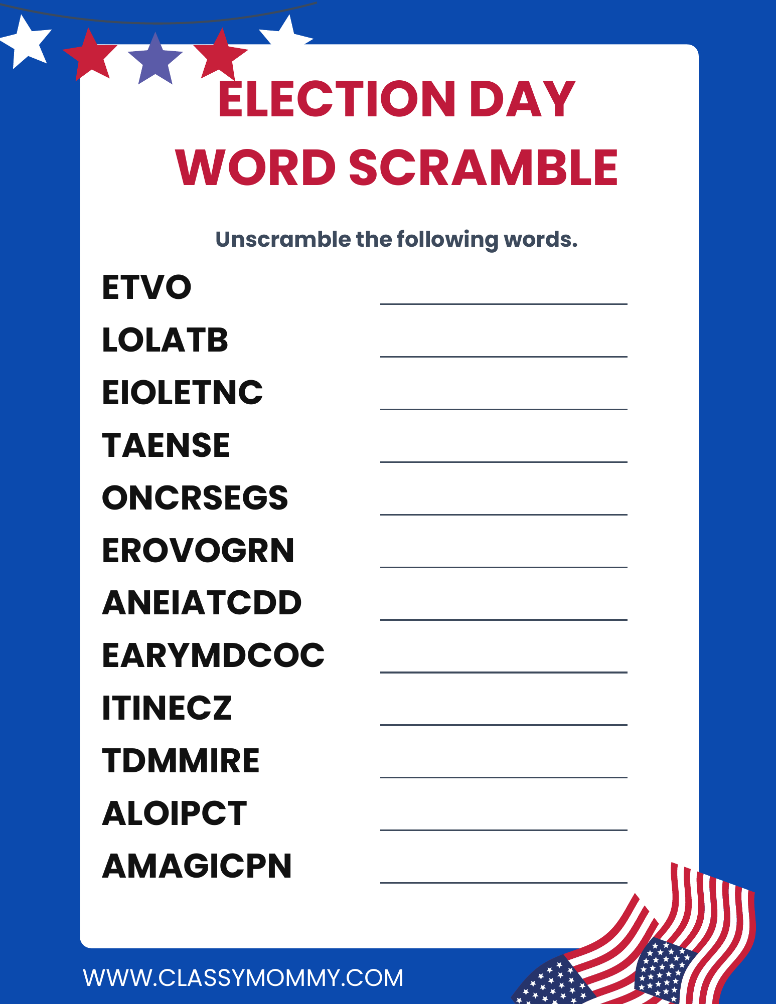 Free Printable Election Day Word Scramble