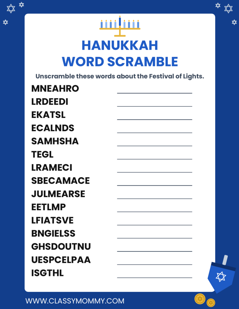 Free Printable Hanukkah Word Scramble